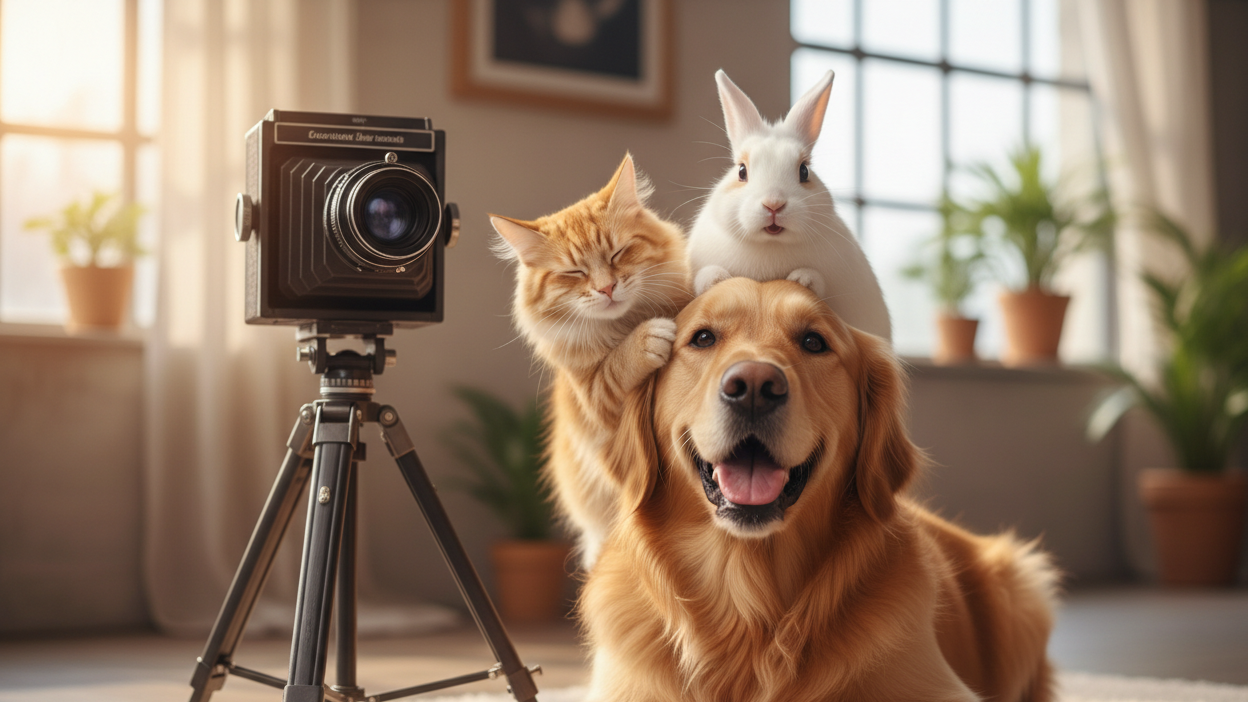Hund katze und kaninchen freuen sich vor der kamera